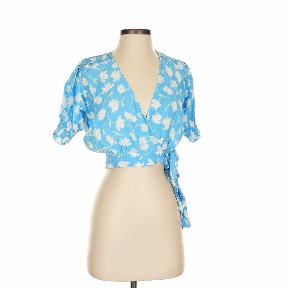 Faithfull the Brand Blue and White Floral Wrap Crop Blouse